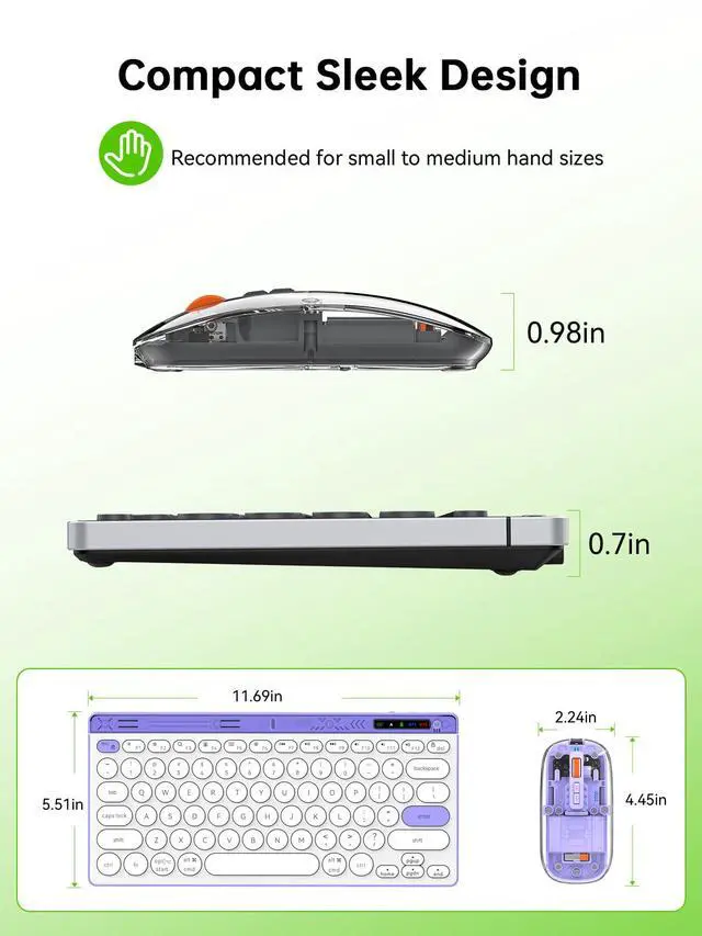 Alt view image 7 of 7 - Compact Wireless Keyboard and Mouse Combos - Dual Bluetooth & 2.4GHz USB Receiver, Transparent Mouse, Portable Slim Stylish for Laptop/ipad/Mac/Office - Purple