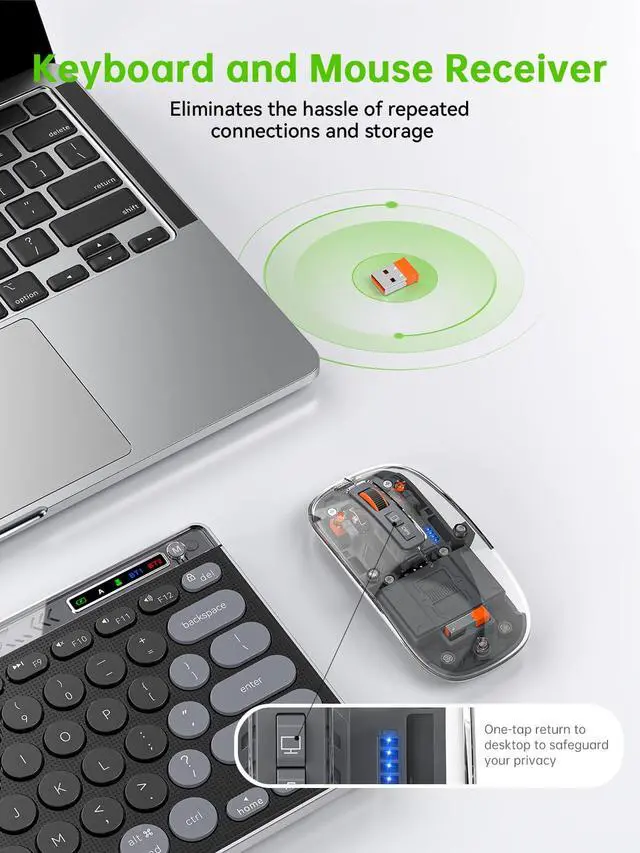 Alt view image 5 of 7 - Compact Wireless Keyboard and Mouse Combos - Dual Bluetooth & 2.4GHz USB Receiver, Transparent Mouse, Portable Slim Stylish for Laptop/ipad/Mac/Office - Black