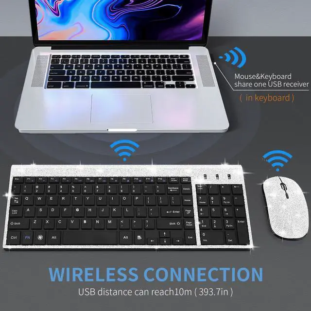 Alt view image 6 of 6 - Dazzling Luxury Cute Keyboard and Mouse Wireless, Sparkly Bling Rhinestone Wireless Mouse and Keyboard Gift Set (Silver)