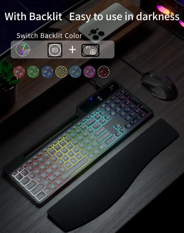 Alt view image 2 of 7 - Wireless Keyboard Mouse Combo, Full Size Quiet Ergonomic Keyboard with Calculator, Backlit, Wrist Rest, Phone Holder, 2.4Ghz Silent Rechargeable Keyboard & Mouse for Laptop, PC, Windows (Black)
