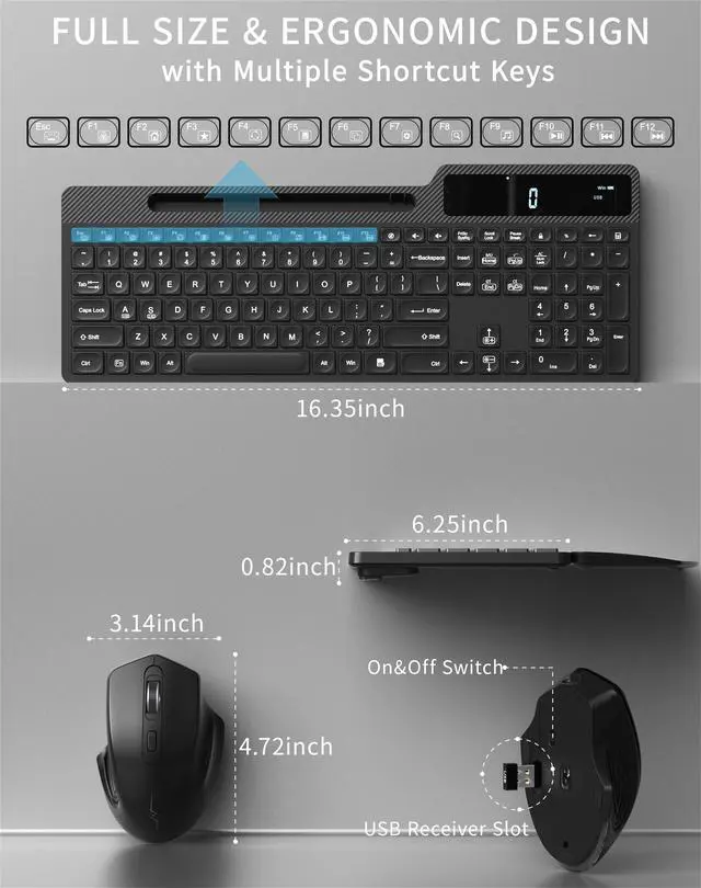 Alt view image 4 of 7 - Wireless Keyboard Mouse Combo, Full Size Quiet Ergonomic Keyboard with Calculator, Backlit, Wrist Rest, Phone Holder, 2.4Ghz Silent Rechargeable Keyboard & Mouse for Laptop, PC, Windows (Black)