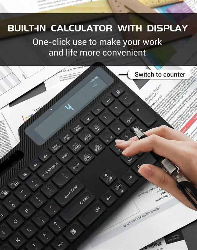 Alt view image 7 of 7 - Wireless Keyboard Mouse Combo, Full Size Quiet Ergonomic Keyboard with Calculator, Backlit, Wrist Rest, Phone Holder, 2.4Ghz Silent Rechargeable Keyboard & Mouse for Laptop, PC, Windows (Black)