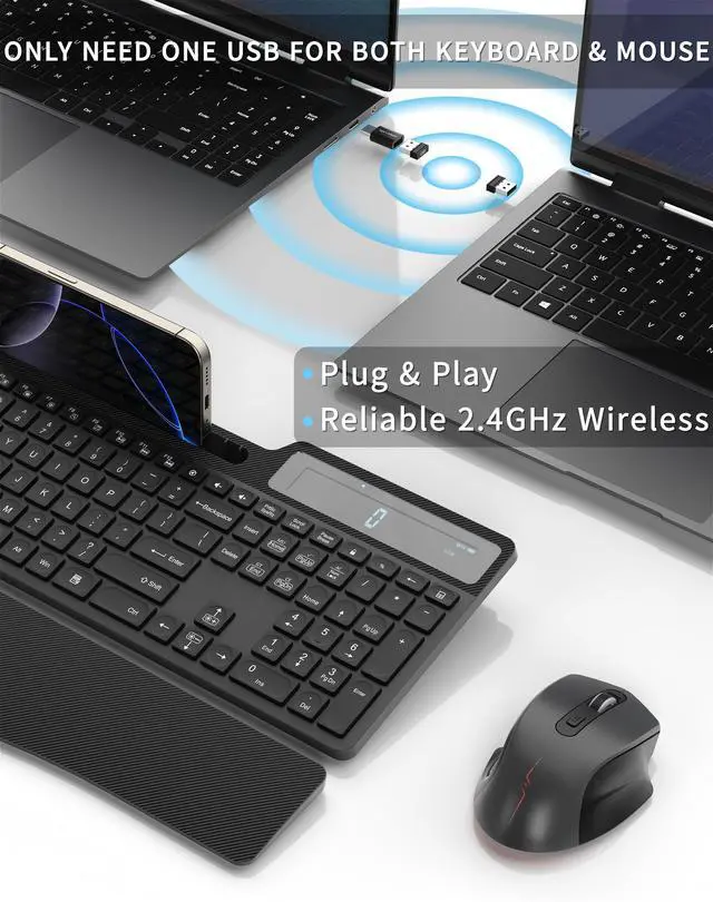 Alt view image 5 of 7 - Wireless Keyboard Mouse Combo, Full Size Quiet Ergonomic Keyboard with Calculator, Backlit, Wrist Rest, Phone Holder, 2.4Ghz Silent Rechargeable Keyboard & Mouse for Laptop, PC, Windows (Black)