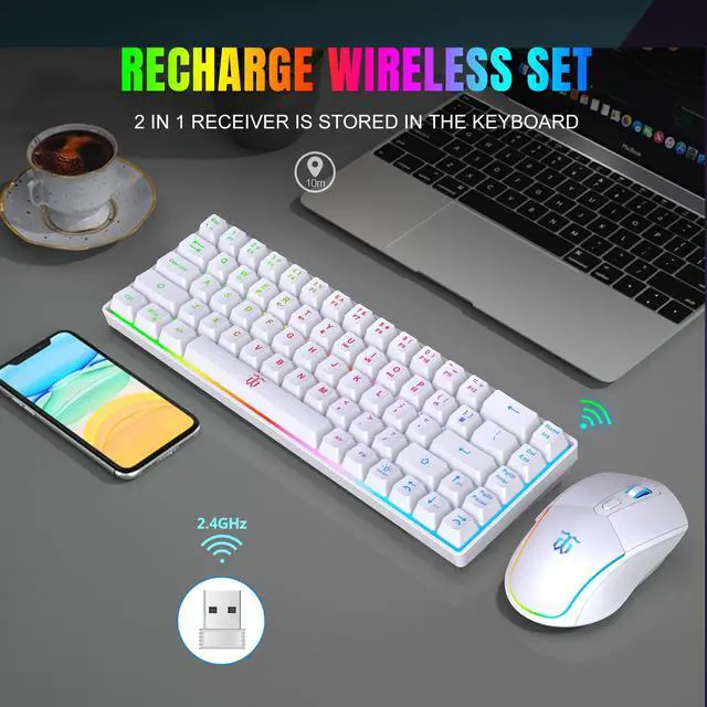 Alt view image 2 of 7 - 60% Wireless Gaming Keyboard and Mouse Combo,LED Backlit Rechargeable 2000mAh Battery,Mini Mechanical Feel Anti-ghosting Keyboard +Popular RGB Gaming Mice for PC Gamer (White)