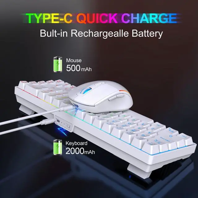 Alt view image 3 of 7 - 60% Wireless Gaming Keyboard and Mouse Combo,LED Backlit Rechargeable 2000mAh Battery,Mini Mechanical Feel Anti-ghosting Keyboard +Popular RGB Gaming Mice for PC Gamer (White)
