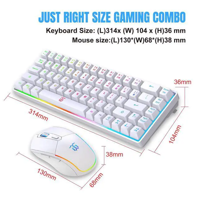 Alt view image 6 of 7 - 60% Wireless Gaming Keyboard and Mouse Combo,LED Backlit Rechargeable 2000mAh Battery,Mini Mechanical Feel Anti-ghosting Keyboard +Popular RGB Gaming Mice for PC Gamer (White)