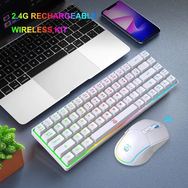 Alt view image 7 of 7 - 60% Wireless Gaming Keyboard and Mouse Combo,LED Backlit Rechargeable 2000mAh Battery,Mini Mechanical Feel Anti-ghosting Keyboard +Popular RGB Gaming Mice for PC Gamer (White)
