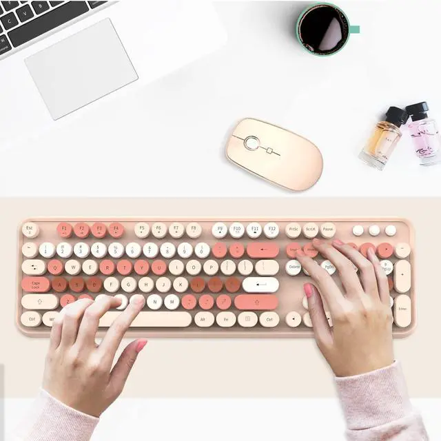Alt view image 7 of 7 - Wireless Keyboard and Mouse Combo - 2.4G Full-Sized Cute Colorful Mouse and Keyboard with 104 Round Keys Retro Typewriter Keyboard for Laptop/Windows/PC - Brown Colorful