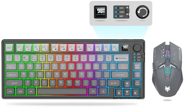 Main image of 75 Wireless Gaming Keyboard and Mouse Combo, Tri-Mode BT5.0/2.4GHz/USB-C, RGB Backlit Keyboard + 3D 1600DPI Mice, 2000mAh Battery, 80 Keys, Knob Volume Control (Gradient Gray)