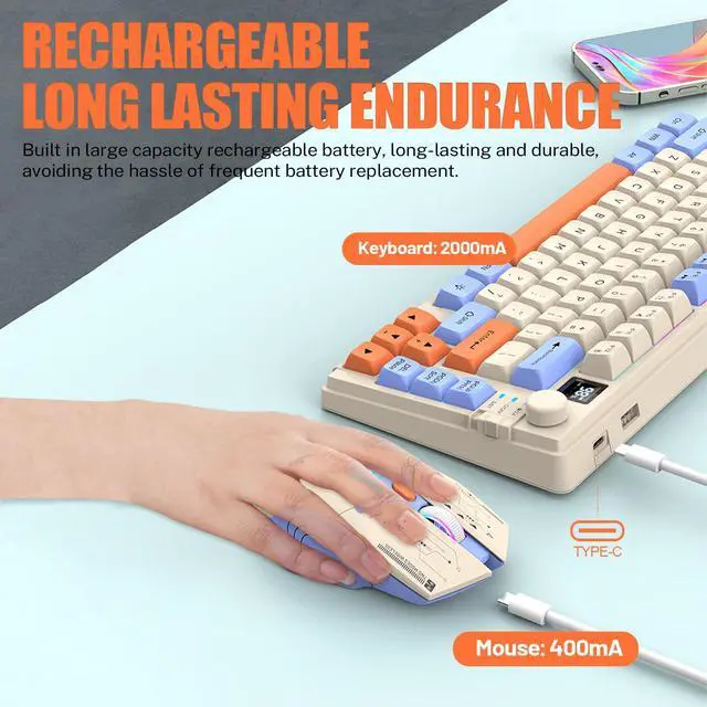 Alt view image 5 of 7 - 75 Wireless Gaming Keyboard and Mouse Combo, Tri-Mode BT5.0/2.4GHz/USB-C, RGB Backlit Keyboard + 3D 1600DPI Mice, 2000mAh Battery, 80 Keys, Knob Volume Control (Blue)