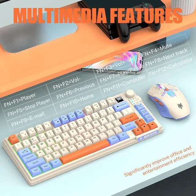 Alt view image 6 of 7 - 75 Wireless Gaming Keyboard and Mouse Combo, Tri-Mode BT5.0/2.4GHz/USB-C, RGB Backlit Keyboard + 3D 1600DPI Mice, 2000mAh Battery, 80 Keys, Knob Volume Control (Blue)