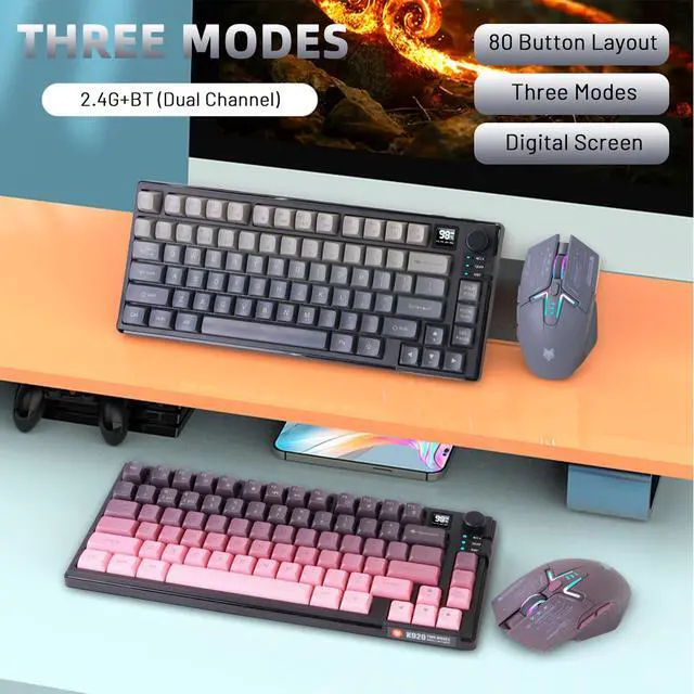Alt view image 2 of 7 - 75 Wireless Gaming Keyboard and Mouse Combo, Tri-Mode BT5.0/2.4GHz/USB-C, RGB Backlit Keyboard + 3D 1600DPI Mice, 2000mAh Battery, 80 Keys, Knob Volume Control (Gradient Gray)