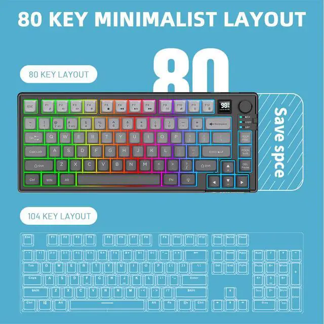 Alt view image 3 of 7 - 75 Wireless Gaming Keyboard and Mouse Combo, Tri-Mode BT5.0/2.4GHz/USB-C, RGB Backlit Keyboard + 3D 1600DPI Mice, 2000mAh Battery, 80 Keys, Knob Volume Control (Gradient Gray)