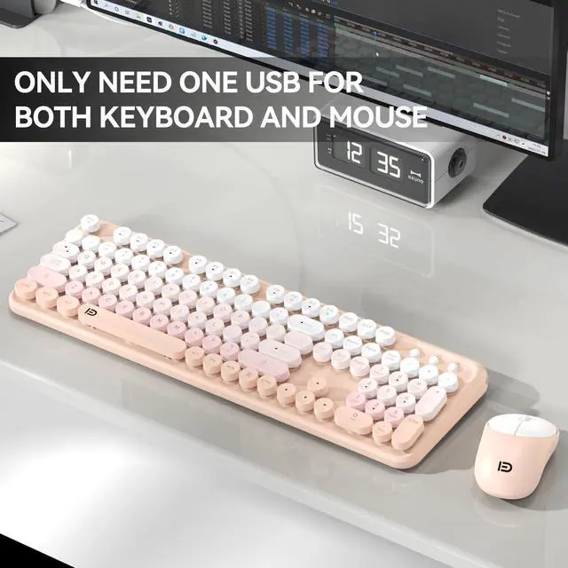 Alt view image 2 of 7 - Wireless Keyboard and Mouse Combo, 2.4GHz Colorful Cute Round Keycaps Keyboard for Office Computer PC Desktops Laptop (104 Keys Pink White)