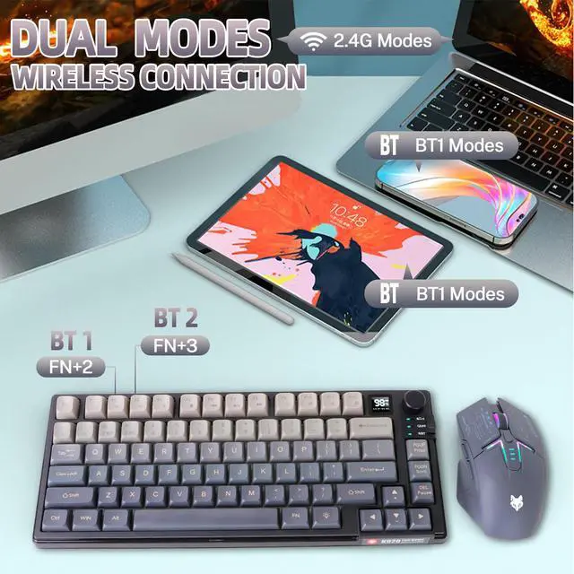 Alt view image 4 of 7 - 75 Wireless Gaming Keyboard and Mouse Combo, Tri-Mode BT5.0/2.4GHz/USB-C, RGB Backlit Keyboard + 3D 1600DPI Mice, 2000mAh Battery, 80 Keys, Knob Volume Control (Gradient Gray)
