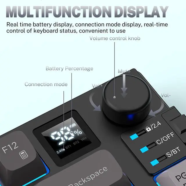 Alt view image 5 of 7 - 75 Wireless Gaming Keyboard and Mouse Combo, Tri-Mode BT5.0/2.4GHz/USB-C, RGB Backlit Keyboard + 3D 1600DPI Mice, 2000mAh Battery, 80 Keys, Knob Volume Control (Gradient Gray)