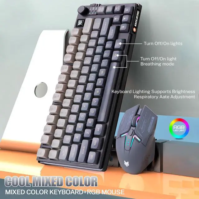 Alt view image 6 of 7 - 75 Wireless Gaming Keyboard and Mouse Combo, Tri-Mode BT5.0/2.4GHz/USB-C, RGB Backlit Keyboard + 3D 1600DPI Mice, 2000mAh Battery, 80 Keys, Knob Volume Control (Gradient Gray)