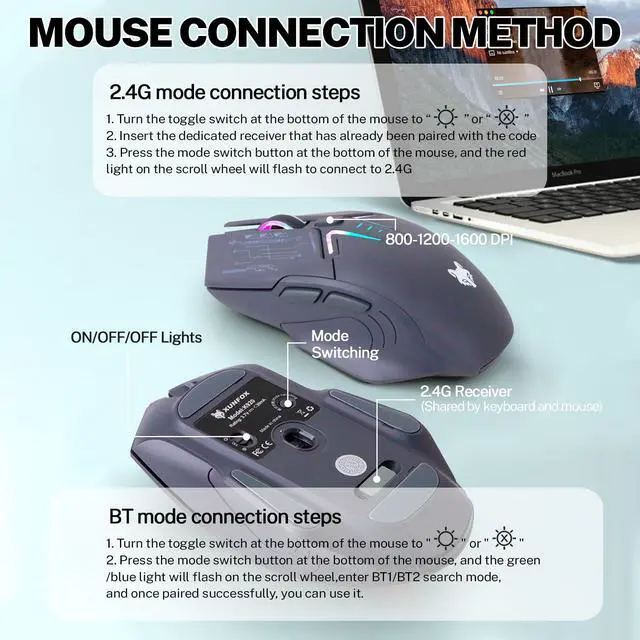 Alt view image 7 of 7 - 75 Wireless Gaming Keyboard and Mouse Combo, Tri-Mode BT5.0/2.4GHz/USB-C, RGB Backlit Keyboard + 3D 1600DPI Mice, 2000mAh Battery, 80 Keys, Knob Volume Control (Gradient Gray)
