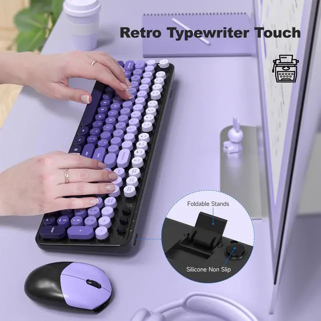Alt view image 2 of 7 - Wireless Keyboard and Mouse Combo, 2.4GHz Gradient Colorful Full-Size Retro Typewriter Keyboard with Wireless Mouse for PC/Desktop/Laptop/Windows (Black Purple)