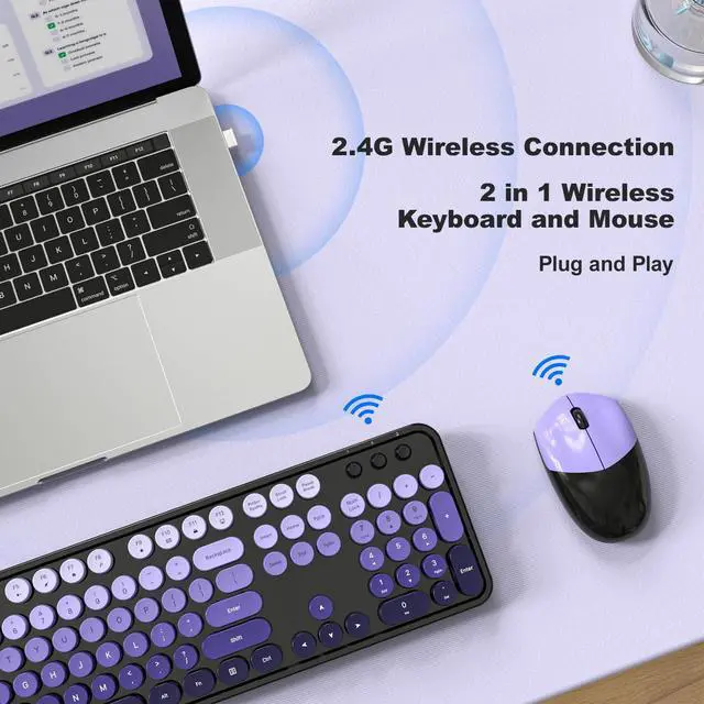 Alt view image 3 of 7 - Wireless Keyboard and Mouse Combo, 2.4GHz Gradient Colorful Full-Size Retro Typewriter Keyboard with Wireless Mouse for PC/Desktop/Laptop/Windows (Black Purple)