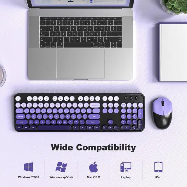 Alt view image 4 of 7 - Wireless Keyboard and Mouse Combo, 2.4GHz Gradient Colorful Full-Size Retro Typewriter Keyboard with Wireless Mouse for PC/Desktop/Laptop/Windows (Black Purple)