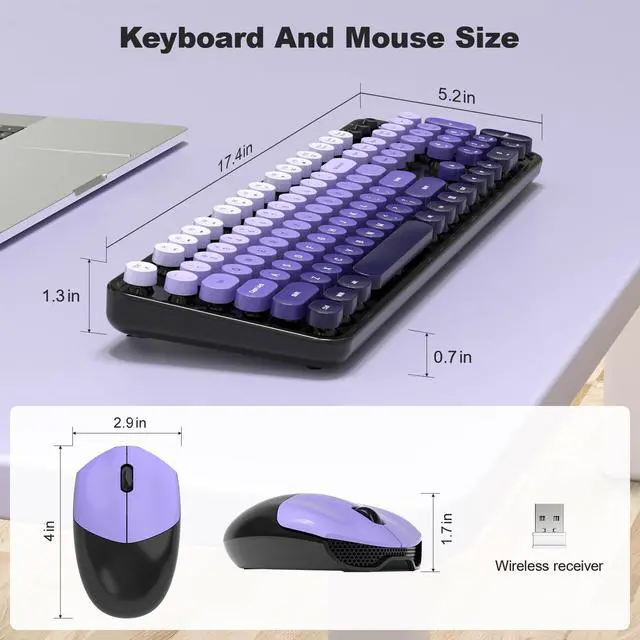 Alt view image 7 of 7 - Wireless Keyboard and Mouse Combo, 2.4GHz Gradient Colorful Full-Size Retro Typewriter Keyboard with Wireless Mouse for PC/Desktop/Laptop/Windows (Black Purple)