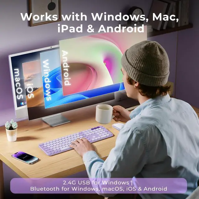 Alt view image 7 of 7 - COE202 Wireless Bluetooth Keyboard and Mouse Combo, Star Purple