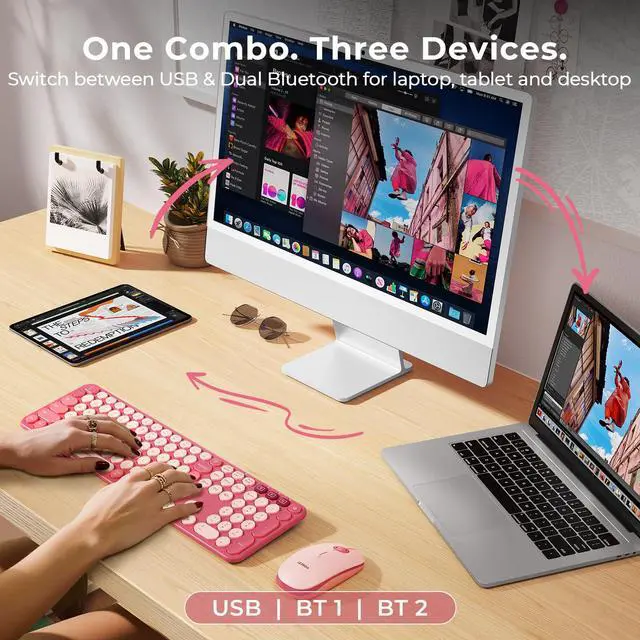 Alt view image 2 of 7 - Wireless Bluetooth Keyboard Mouse Combo, COE202 Retro Cute Round Keyboard, Silent Mouse, 3 Multi-Device Connection, Full Size Compatible for PC/Laptop/Mac/MacBook/iPad/Tablet, Pink