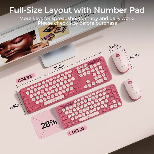 Alt view image 5 of 7 - Wireless Bluetooth Keyboard Mouse Combo, COE202 Retro Cute Round Keyboard, Silent Mouse, 3 Multi-Device Connection, Full Size Compatible for PC/Laptop/Mac/MacBook/iPad/Tablet, Pink