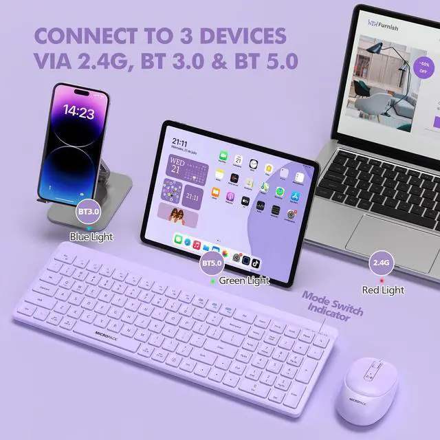 Alt view image 2 of 7 - Purple Wireless Keyboard and Mouse Combo for Desktop Mac iPad Bluetooth 2.4 Ghz Rechargeable Slim Silent Click with Number Pad Compatible with Pc, Laptop, Tablet (Purple)