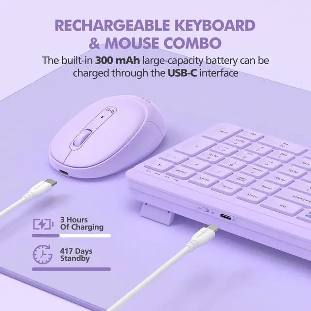 Alt view image 3 of 7 - Purple Wireless Keyboard and Mouse Combo for Desktop Mac iPad Bluetooth 2.4 Ghz Rechargeable Slim Silent Click with Number Pad Compatible with Pc, Laptop, Tablet (Purple)