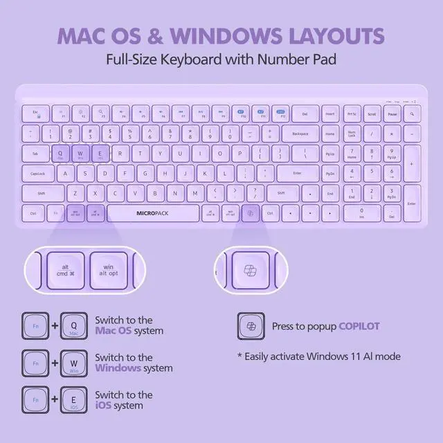 Alt view image 4 of 7 - Purple Wireless Keyboard and Mouse Combo for Desktop Mac iPad Bluetooth 2.4 Ghz Rechargeable Slim Silent Click with Number Pad Compatible with Pc, Laptop, Tablet (Purple)
