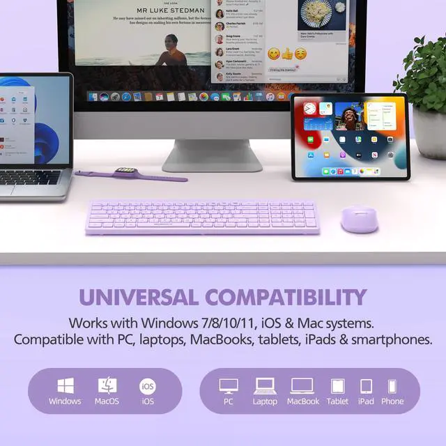 Alt view image 5 of 7 - Purple Wireless Keyboard and Mouse Combo for Desktop Mac iPad Bluetooth 2.4 Ghz Rechargeable Slim Silent Click with Number Pad Compatible with Pc, Laptop, Tablet (Purple)