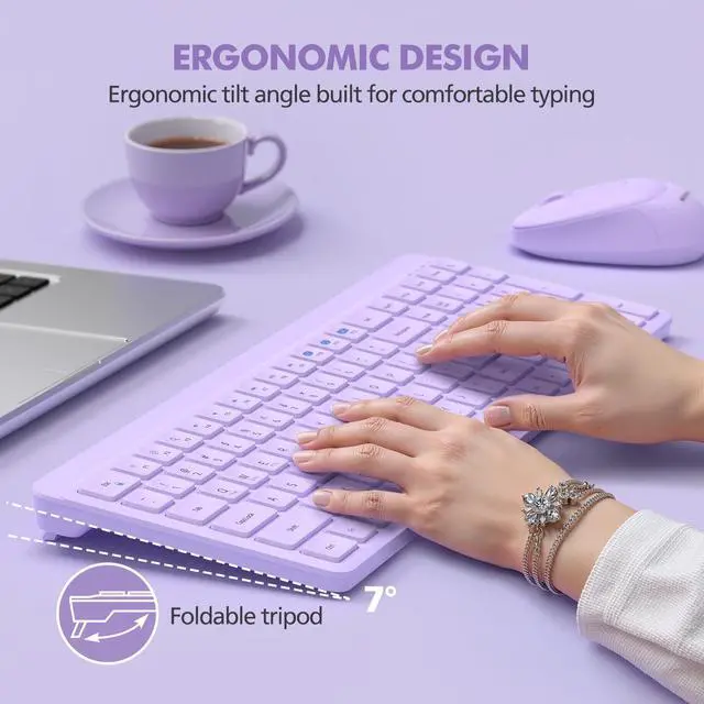 Alt view image 7 of 7 - Purple Wireless Keyboard and Mouse Combo for Desktop Mac iPad Bluetooth 2.4 Ghz Rechargeable Slim Silent Click with Number Pad Compatible with Pc, Laptop, Tablet (Purple)