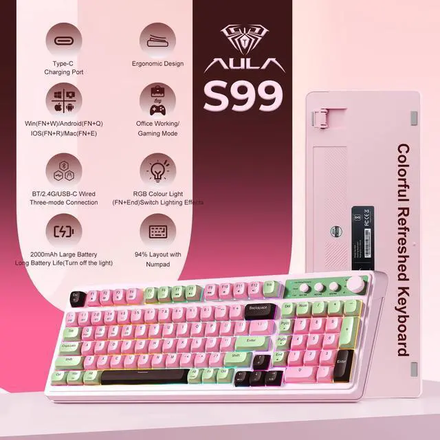 Alt view image 7 of 10 - 99 Key Keyboard, Wireless Gaming Keyboard Bluetooth Computer Keyboards Creamy Cute with Number Pad RGB Backlit Tri-Mode BT/2.4GHz/USB-C - Pink