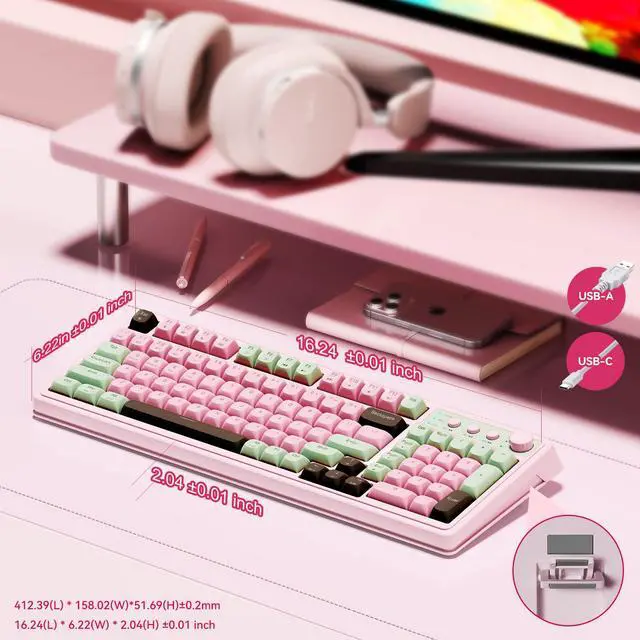 Alt view image 9 of 10 - 99 Key Keyboard, Wireless Gaming Keyboard Bluetooth Computer Keyboards Creamy Cute with Number Pad RGB Backlit Tri-Mode BT/2.4GHz/USB-C - Pink