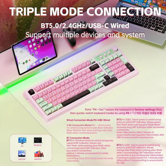 Alt view image 8 of 10 - 99 Key Keyboard, Wireless Gaming Keyboard Bluetooth Computer Keyboards Creamy Cute with Number Pad RGB Backlit Tri-Mode BT/2.4GHz/USB-C - Pink