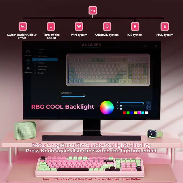 Alt view image 10 of 10 - 99 Key Keyboard, Wireless Gaming Keyboard Bluetooth Computer Keyboards Creamy Cute with Number Pad RGB Backlit Tri-Mode BT/2.4GHz/USB-C - Pink