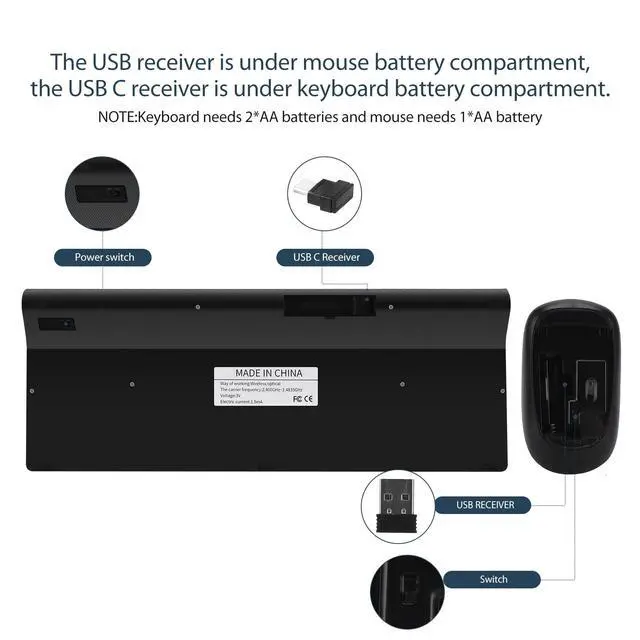 Alt view image 4 of 7 - Wireless Keyboard and Mouse Combo with USB C & USB A Receiver-Full Size Type c Keyboard and Mouse Compatible