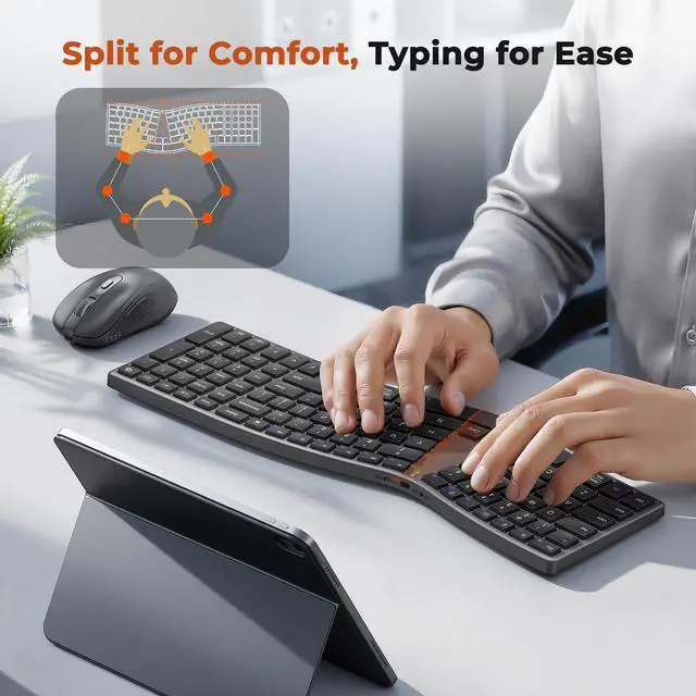 Alt view image 3 of 7 - Ergonomic Keyboard and Mouse Wireless, Split S-Curve Design, 2.4G Wireless & Dual Bluetooth, Slim Low-Profile Rechargeable Full Size Keyboard, 4 DPI Mouse for Windows Mac PC Laptop Computer, Q
