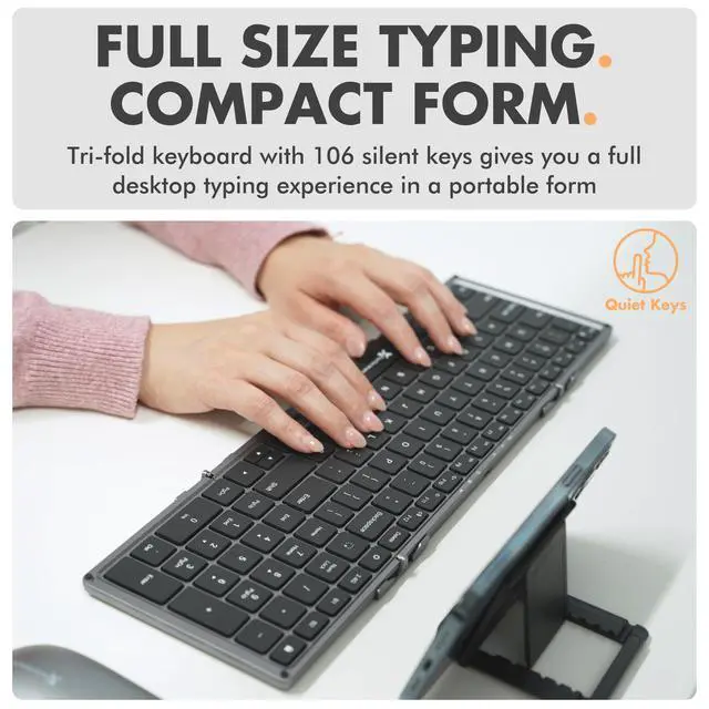 Alt view image 3 of 7 - Foldable Keyboard and Mouse Wireless - (BT + 2.4Ghz) - Carrying Case, Phone Stand, Full Sized 106 Keys - Portable Travel Keyboard and Mouse Set for Laptop and Desktop - Space Gray