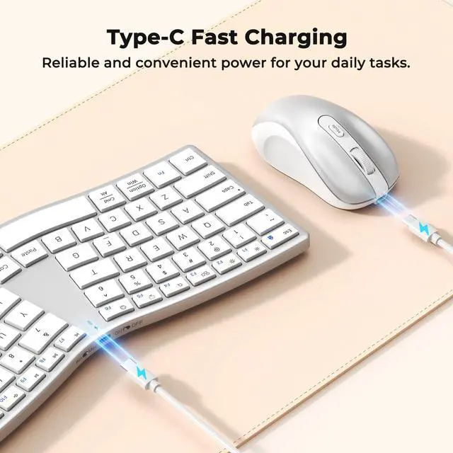 Alt view image 5 of 7 - Ergonomic Keyboard and Mouse Wireless, Split S-Curve Design, 2.4G Wireless & Dual Bluetooth, Slim Low-Profile Rechargeable Full Size Keyboard, 4 DPI Mouse for Windows Mac PC Laptop, White