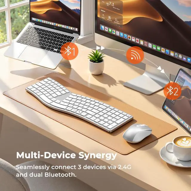 Alt view image 4 of 7 - Ergonomic Keyboard and Mouse Wireless, Split S-Curve Design, 2.4G Wireless & Dual Bluetooth, Slim Low-Profile Rechargeable Full Size Keyboard, 4 DPI Mouse for Windows Mac PC Laptop, White