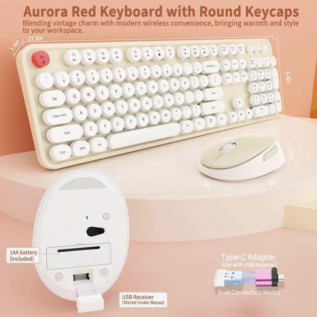 Alt view image 3 of 7 - Wireless Keyboard and Mouse Combo, Full-Size Retro Typewriter Keyboard with Round Keycaps, Ergonomic Design for Windows PC, Home and Office Use - Cream