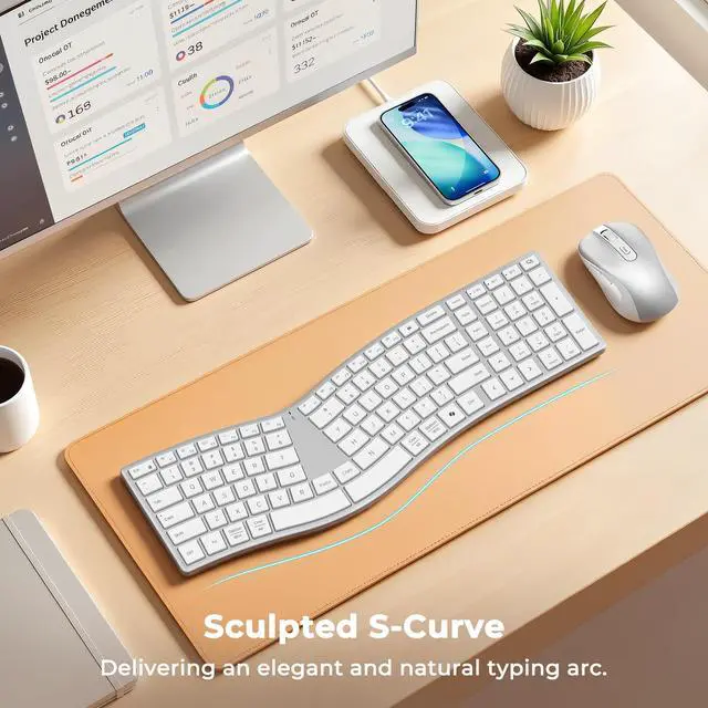 Alt view image 2 of 7 - Ergonomic Keyboard and Mouse Wireless, Split S-Curve Design, 2.4G Wireless & Dual Bluetooth, Slim Low-Profile Rechargeable Full Size Keyboard, 4 DPI Mouse for Windows Mac PC Laptop, White