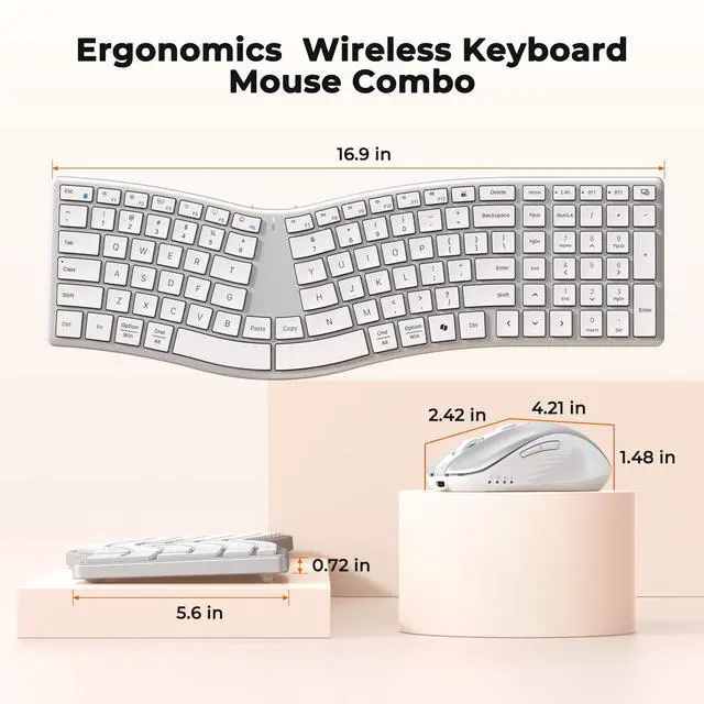 Alt view image 7 of 7 - Ergonomic Keyboard and Mouse Wireless, Split S-Curve Design, 2.4G Wireless & Dual Bluetooth, Slim Low-Profile Rechargeable Full Size Keyboard, 4 DPI Mouse for Windows Mac PC Laptop, White