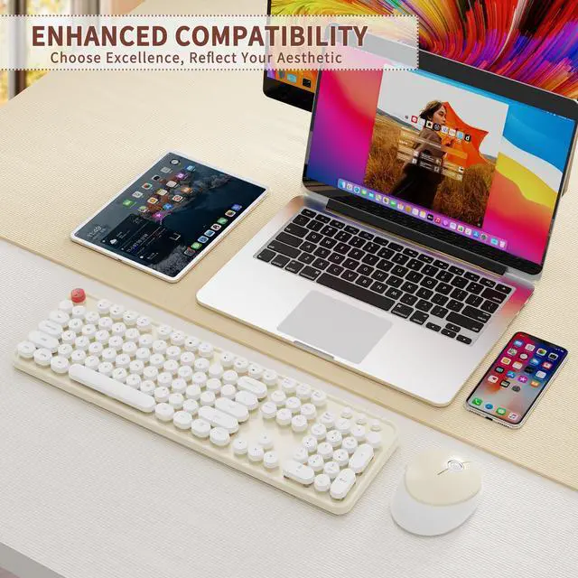 Alt view image 7 of 7 - Wireless Keyboard and Mouse Combo, Full-Size Retro Typewriter Keyboard with Round Keycaps, Ergonomic Design for Windows PC, Home and Office Use - Cream