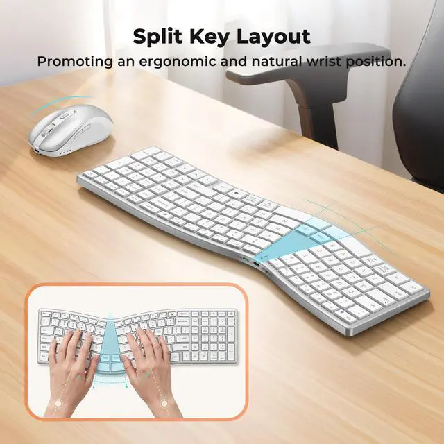 Alt view image 3 of 7 - Ergonomic Keyboard and Mouse Wireless, Split S-Curve Design, 2.4G Wireless & Dual Bluetooth, Slim Low-Profile Rechargeable Full Size Keyboard, 4 DPI Mouse for Windows Mac PC Laptop, White