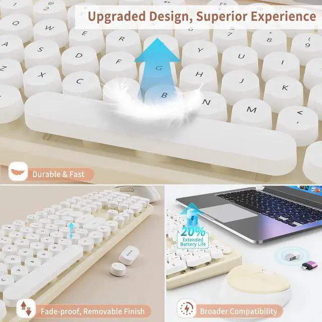 Alt view image 6 of 7 - Wireless Keyboard and Mouse Combo, Full-Size Retro Typewriter Keyboard with Round Keycaps, Ergonomic Design for Windows PC, Home and Office Use - Cream