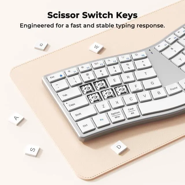 Alt view image 6 of 7 - Ergonomic Keyboard and Mouse Wireless, Split S-Curve Design, 2.4G Wireless & Dual Bluetooth, Slim Low-Profile Rechargeable Full Size Keyboard, 4 DPI Mouse for Windows Mac PC Laptop, White